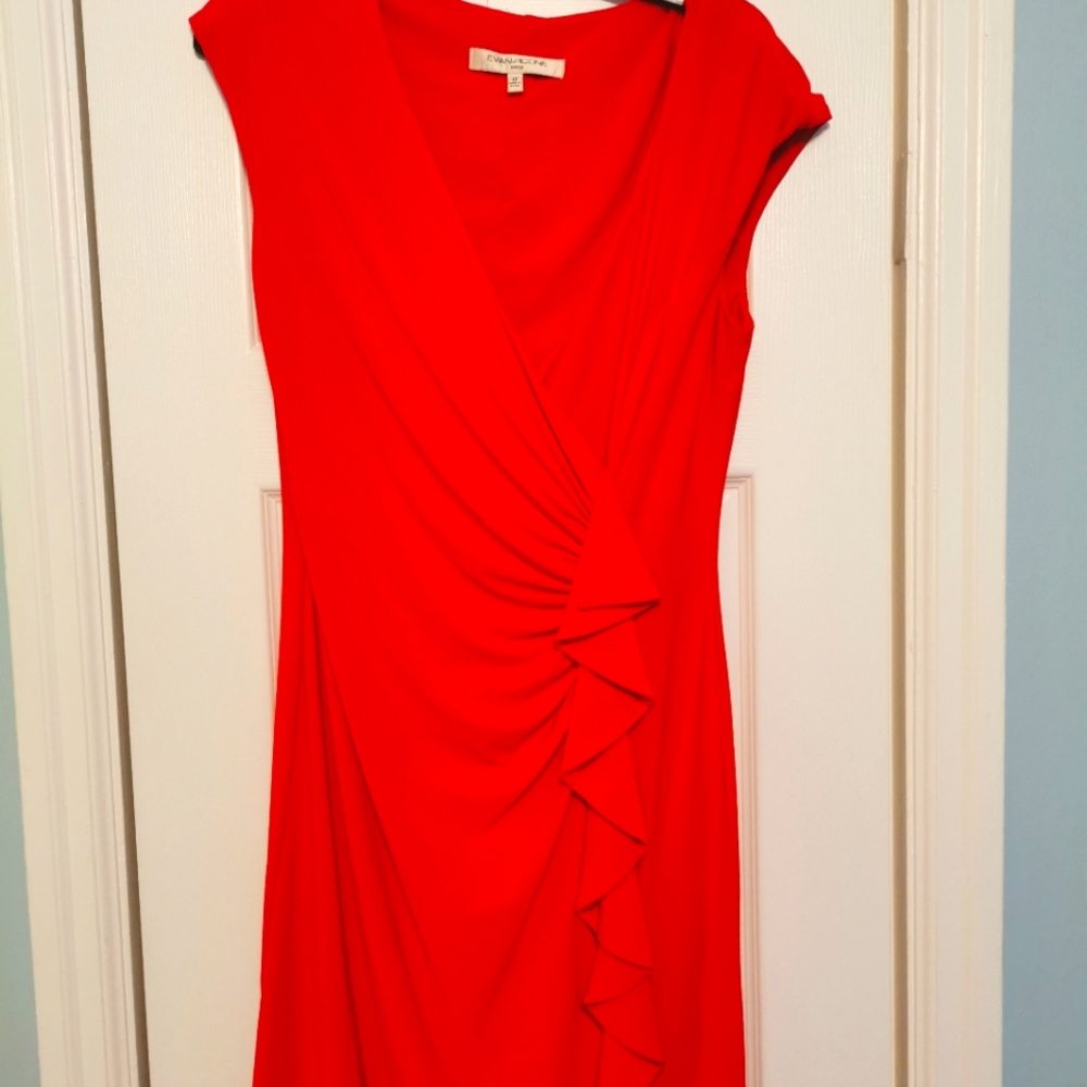 Evan Picone Red Sheath Midi Dress V-Neck Cap Sleeve